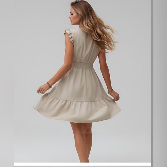 Beige Guipure Lace Insert Ruffle Hem Dress - Picture 5 of 7